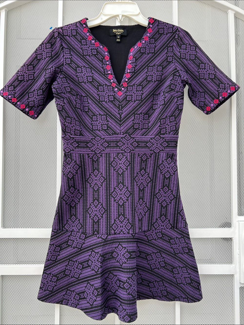 Purple & Black Geometric V‑Neck Fit‑Flare Dress with Pink Trim